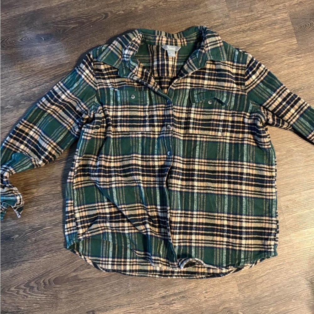 Green and Tan Plaid Button-Up Shirt